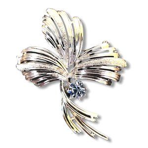 Emmons 60's Silver Tone Feather & Blue Rhine Stone Signed Vintage